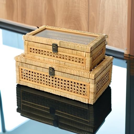 Glass Top Stackable Rattan Storage Boxes
