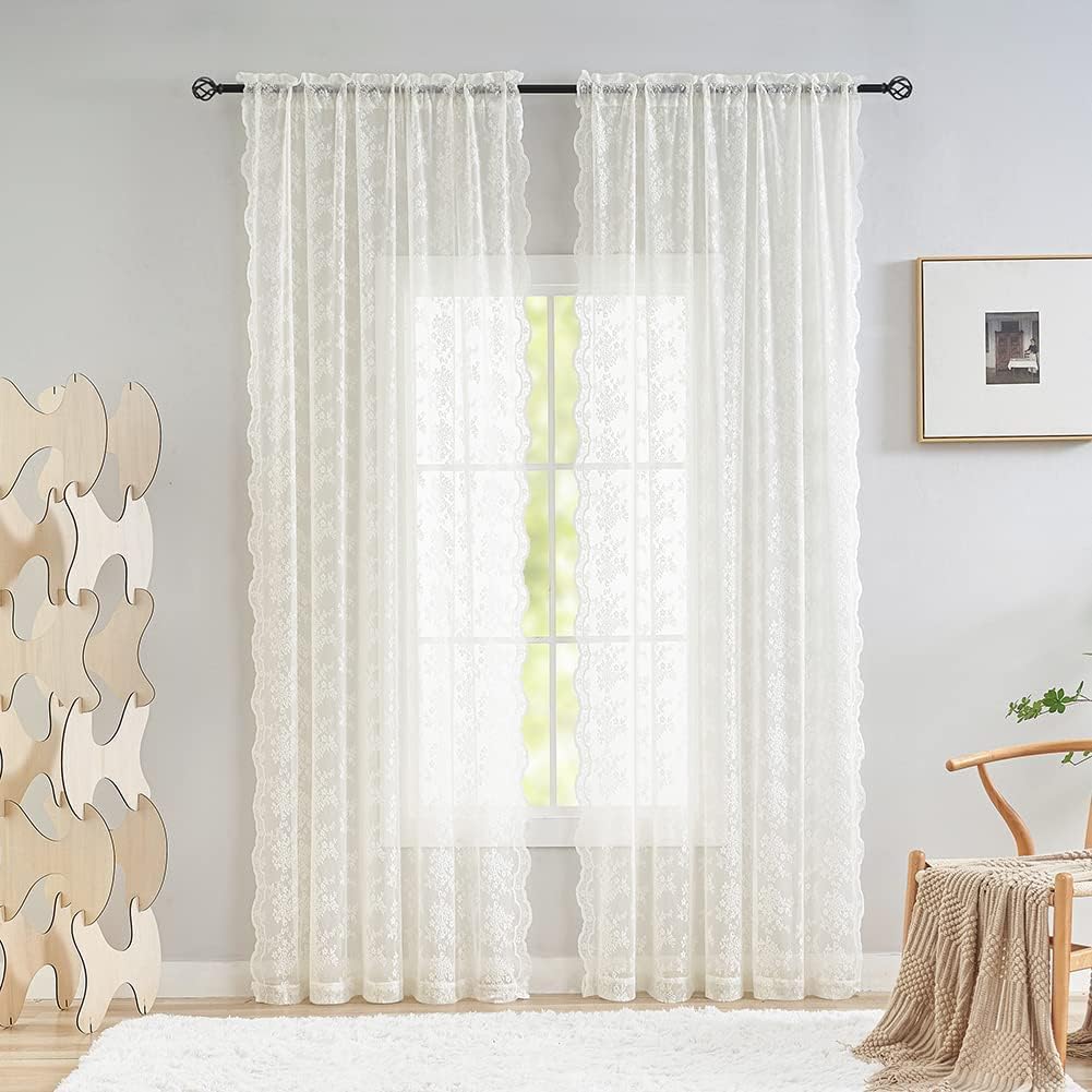 Ivory Lace Floral Sheer Curtains 2 Panels