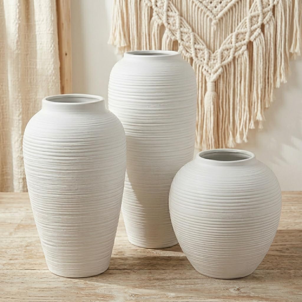 Ribbed White Ceramic Vase Set of 3