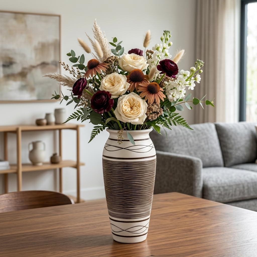12.5 Inch Wide Ribbed Rustic Ceramic Vase