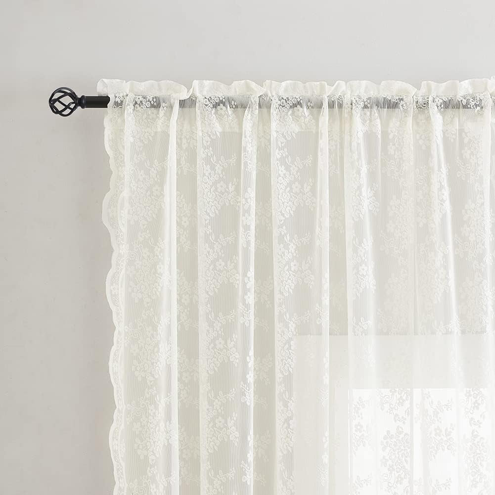 Ivory Lace Floral Sheer Curtains 2 Panels