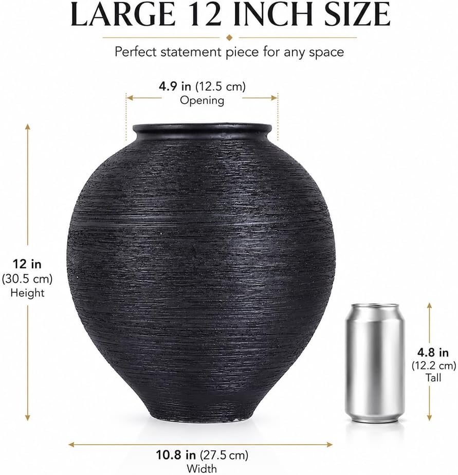 Matte Black Ribbed Ceramic Flower Vase