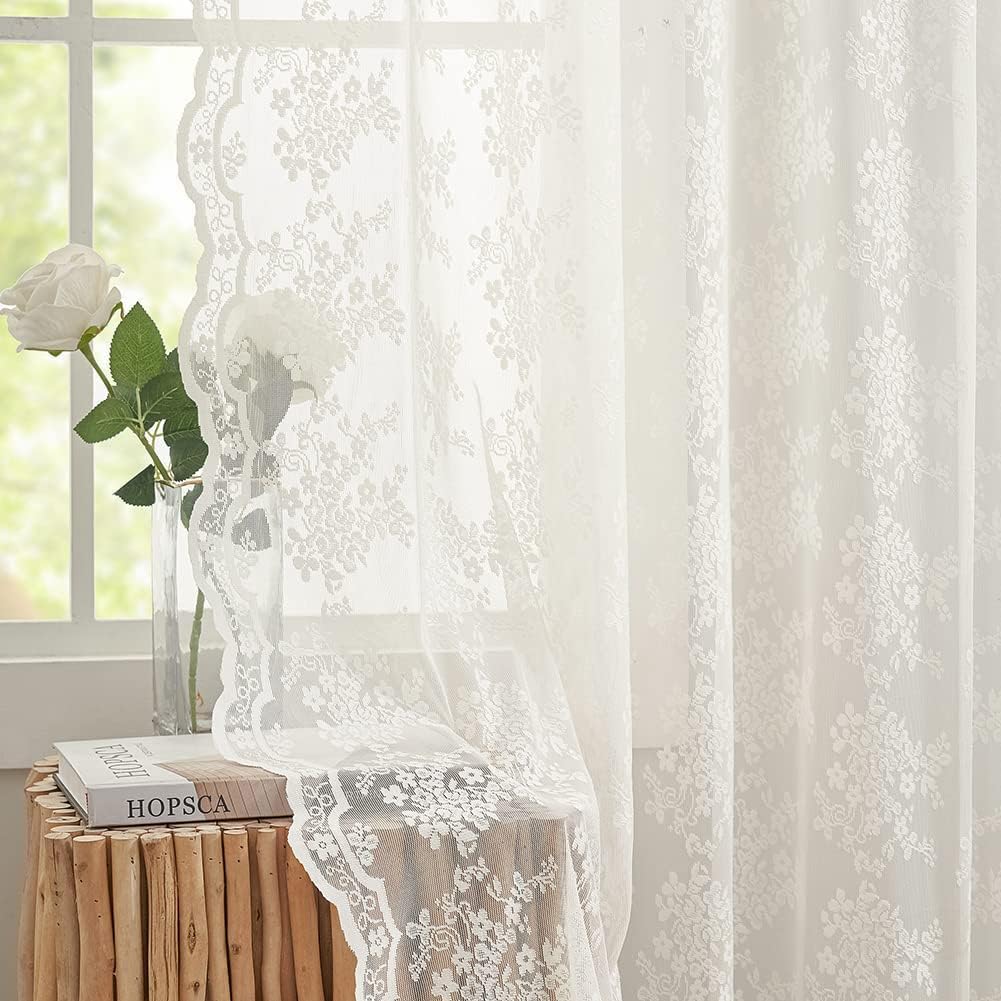 Ivory Lace Floral Sheer Curtains 2 Panels