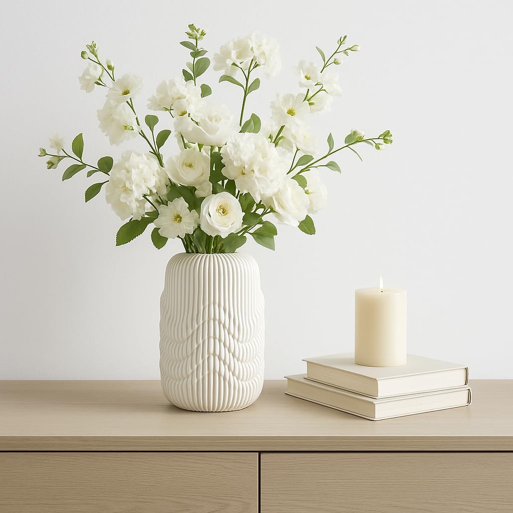 Ivory Ribbed 3D Printed Ceramic Vase