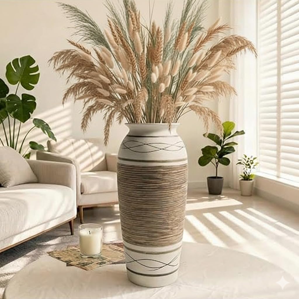 12.5 Inch Wide Ribbed Rustic Ceramic Vase