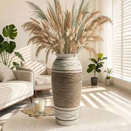 12.5 Inch Wide Ribbed Rustic Ceramic Vase