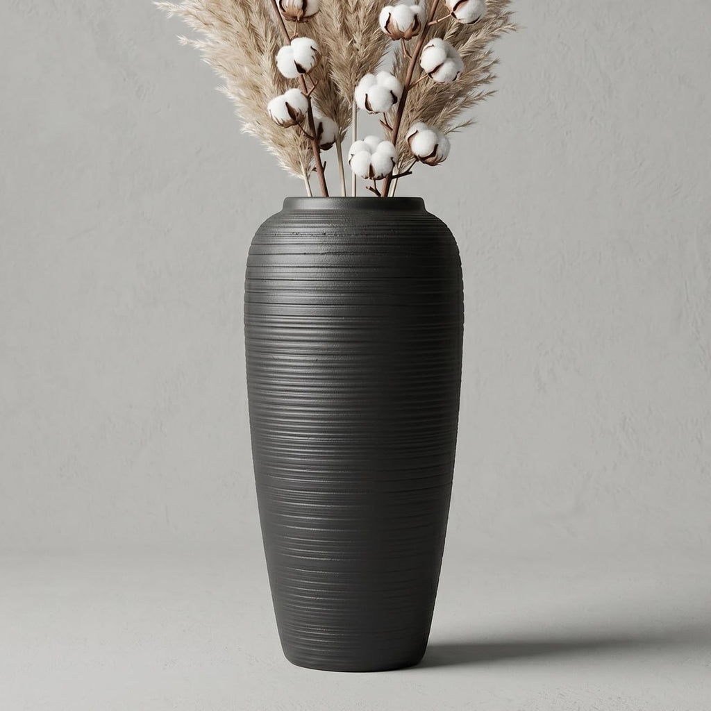 12.6 Inch Matte Black Ribbed Ceramic Vase