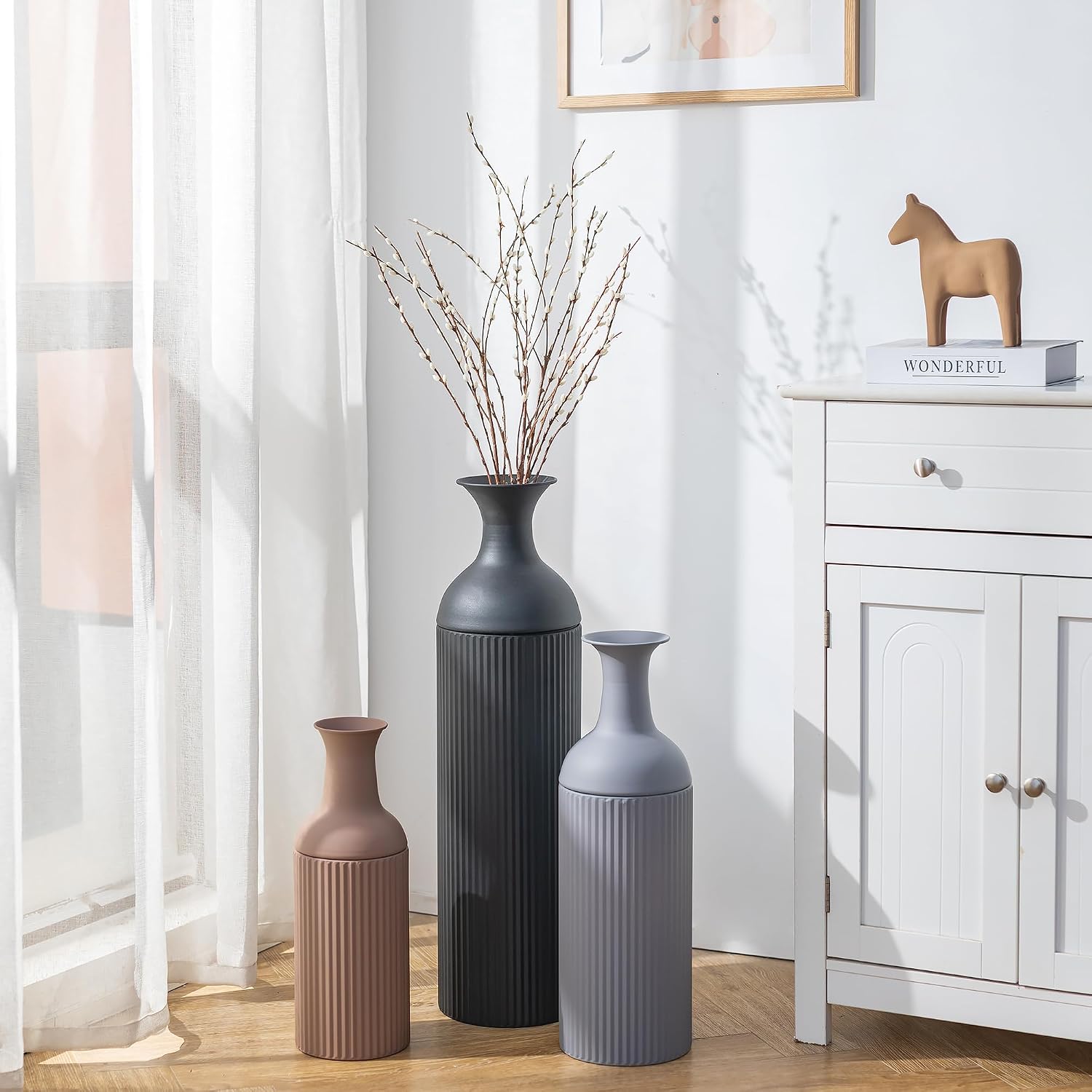 Tricolor Ribbed Tall Metal Floor Vase