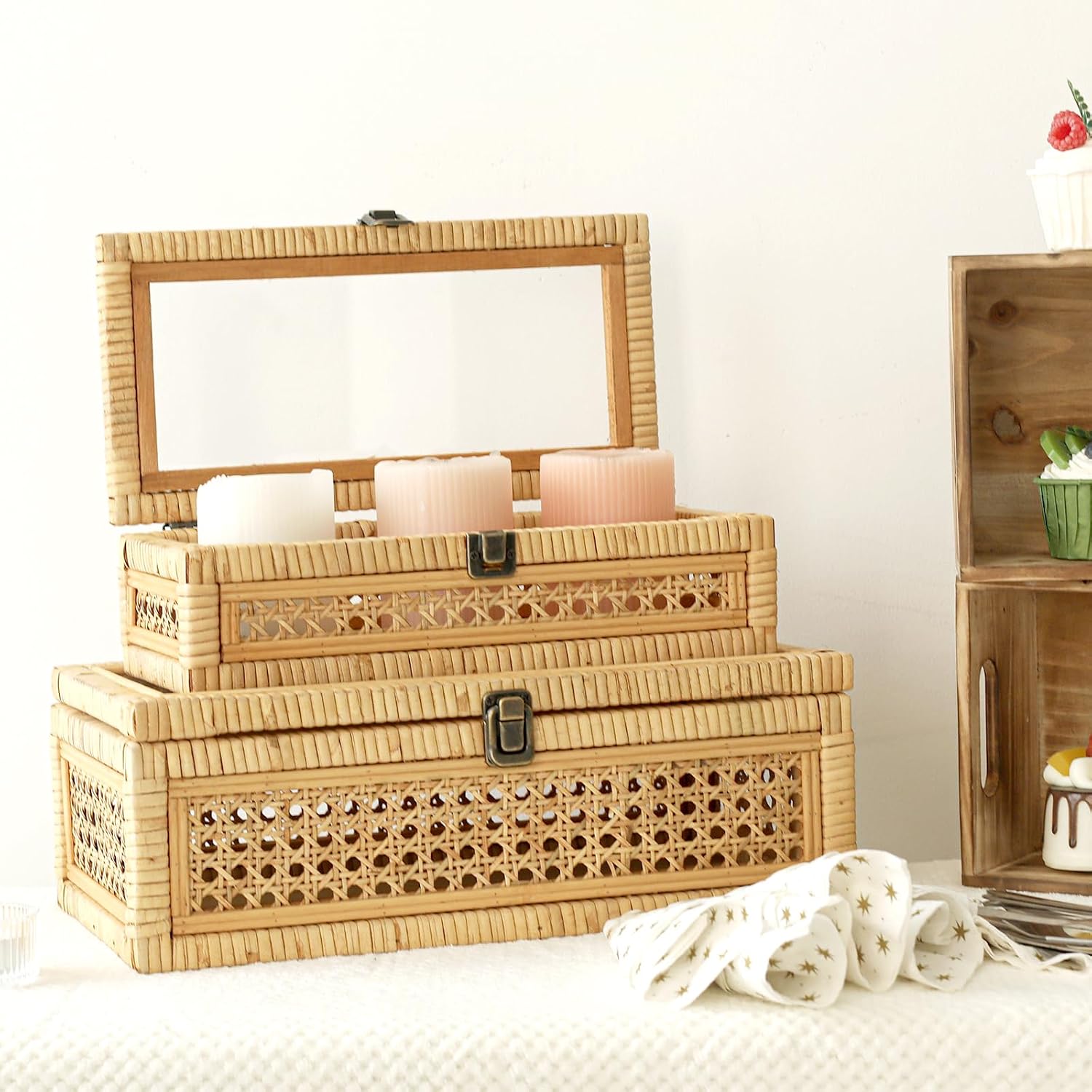 Glass Top Stackable Rattan Storage Boxes