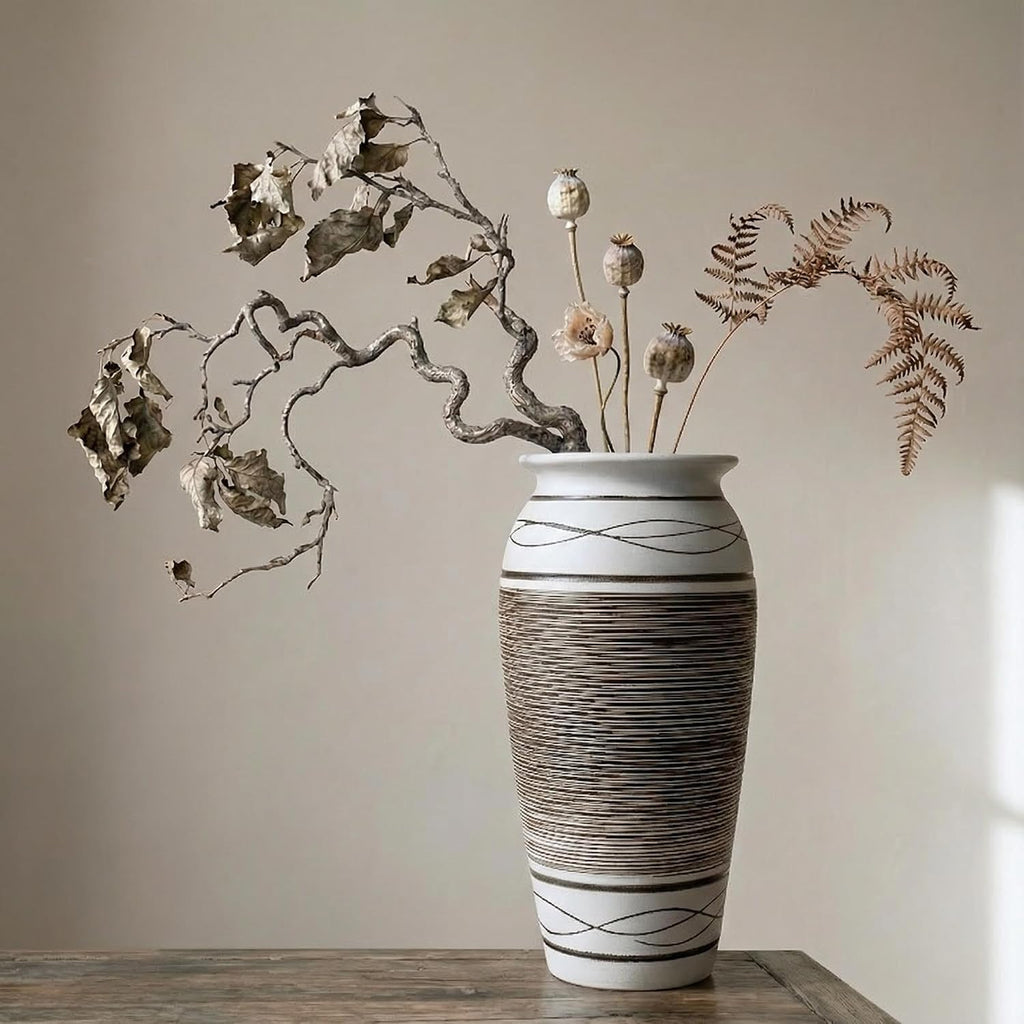 12.5 Inch Wide Ribbed Rustic Ceramic Vase