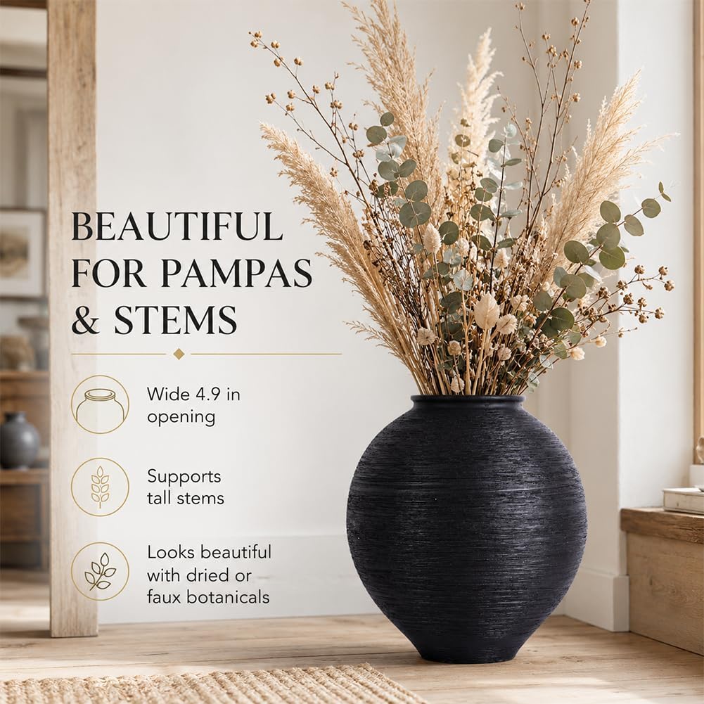 Matte Black Ribbed Ceramic Flower Vase