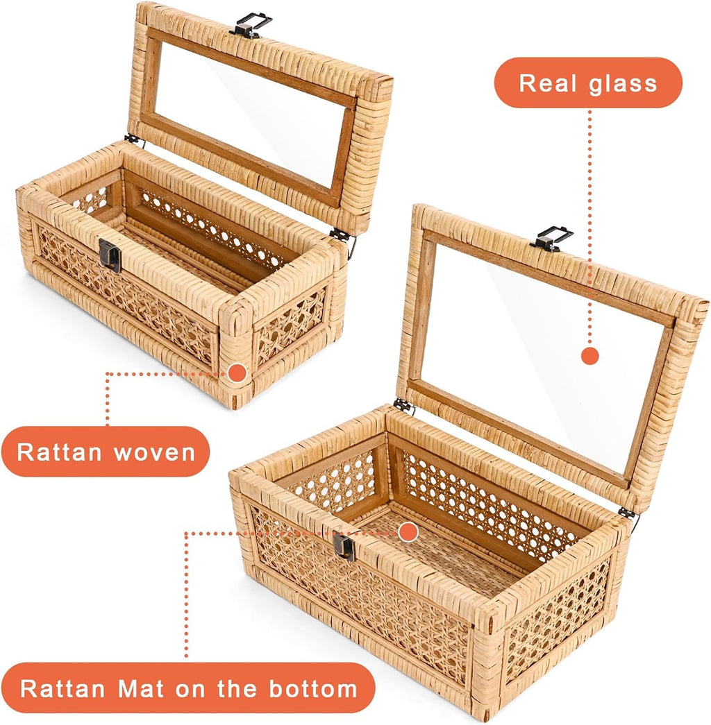 Glass Top Lidded Rattan Storage Boxes