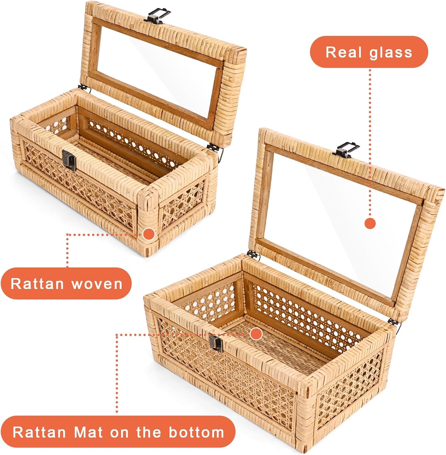 Glass Top Lidded Rattan Storage Boxes