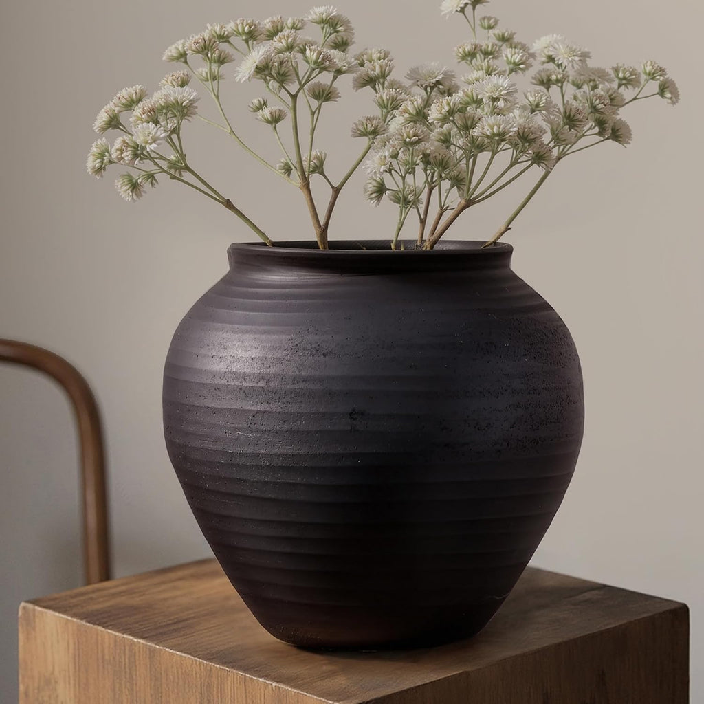 Matte Black Wabi-Sabi Ribbed Ceramic Vase