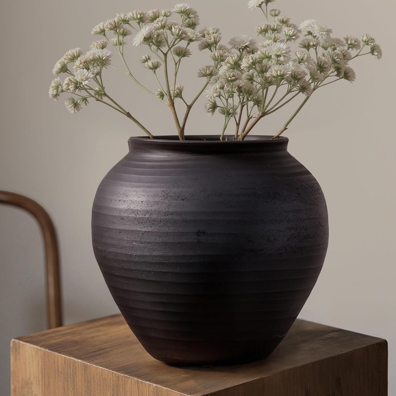 Matte Black Wabi-Sabi Ribbed Ceramic Vase