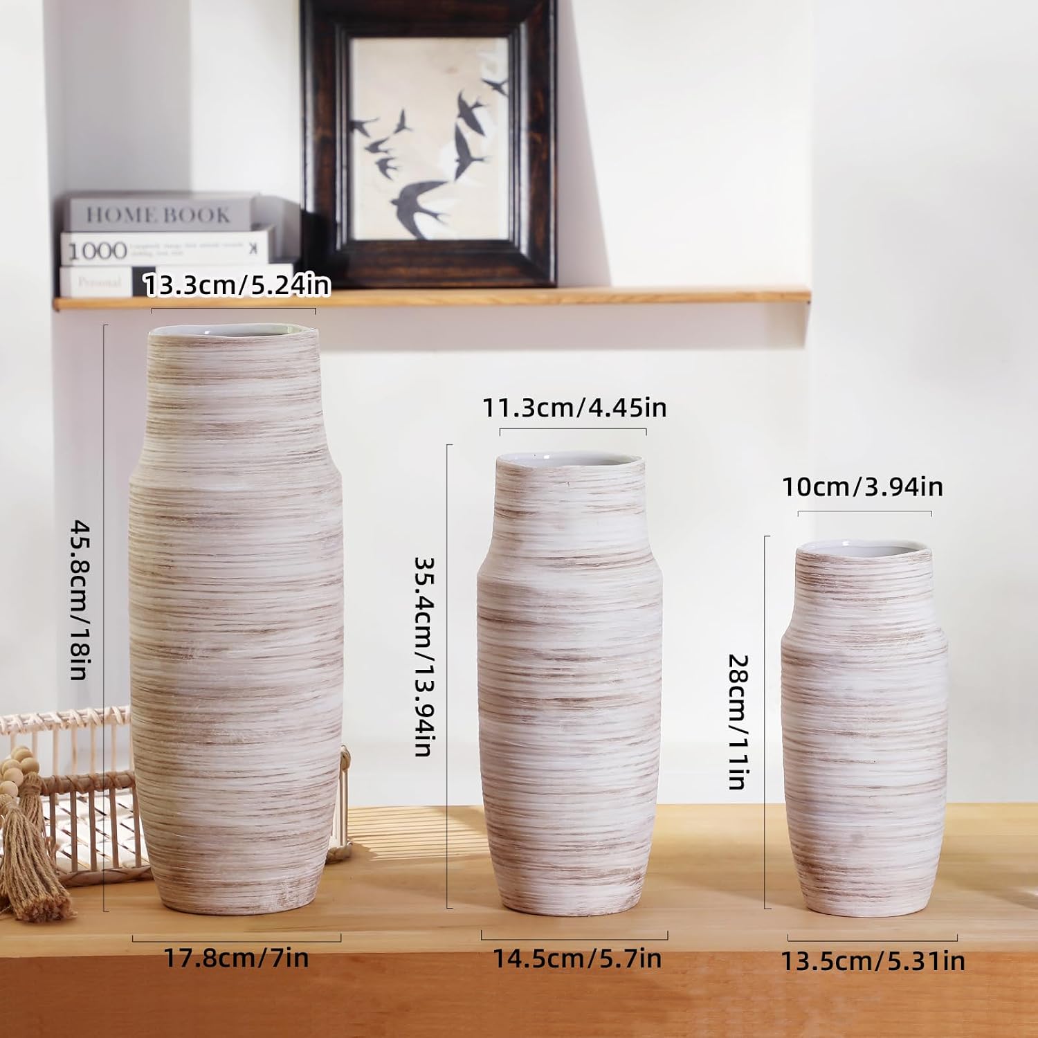 14 Inch Ribbed White Floor Ceramic Vase