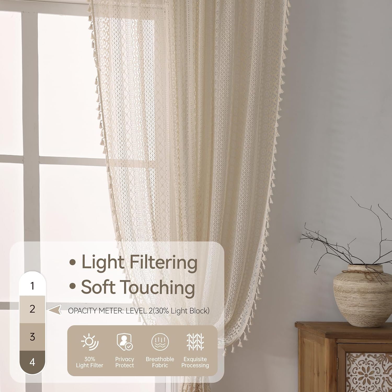Beige Boho Lace Curtains 2 Panels