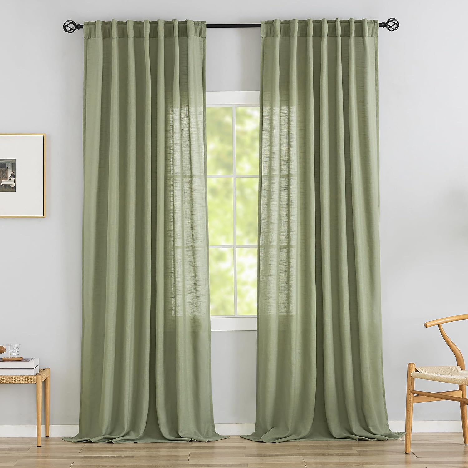 Sage Green Linen Back Tab Curtains Set of 2