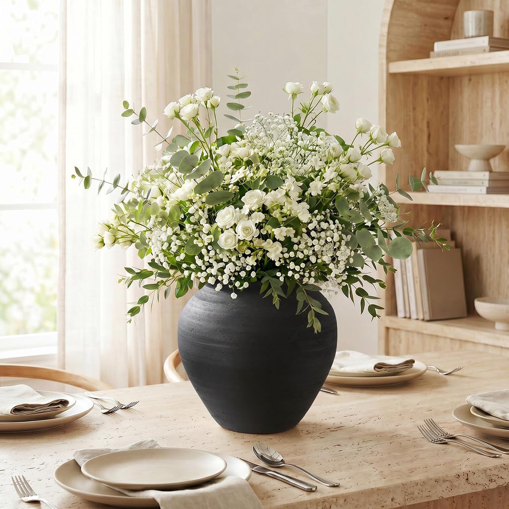 Matte Black Wabi-Sabi Ribbed Ceramic Vase