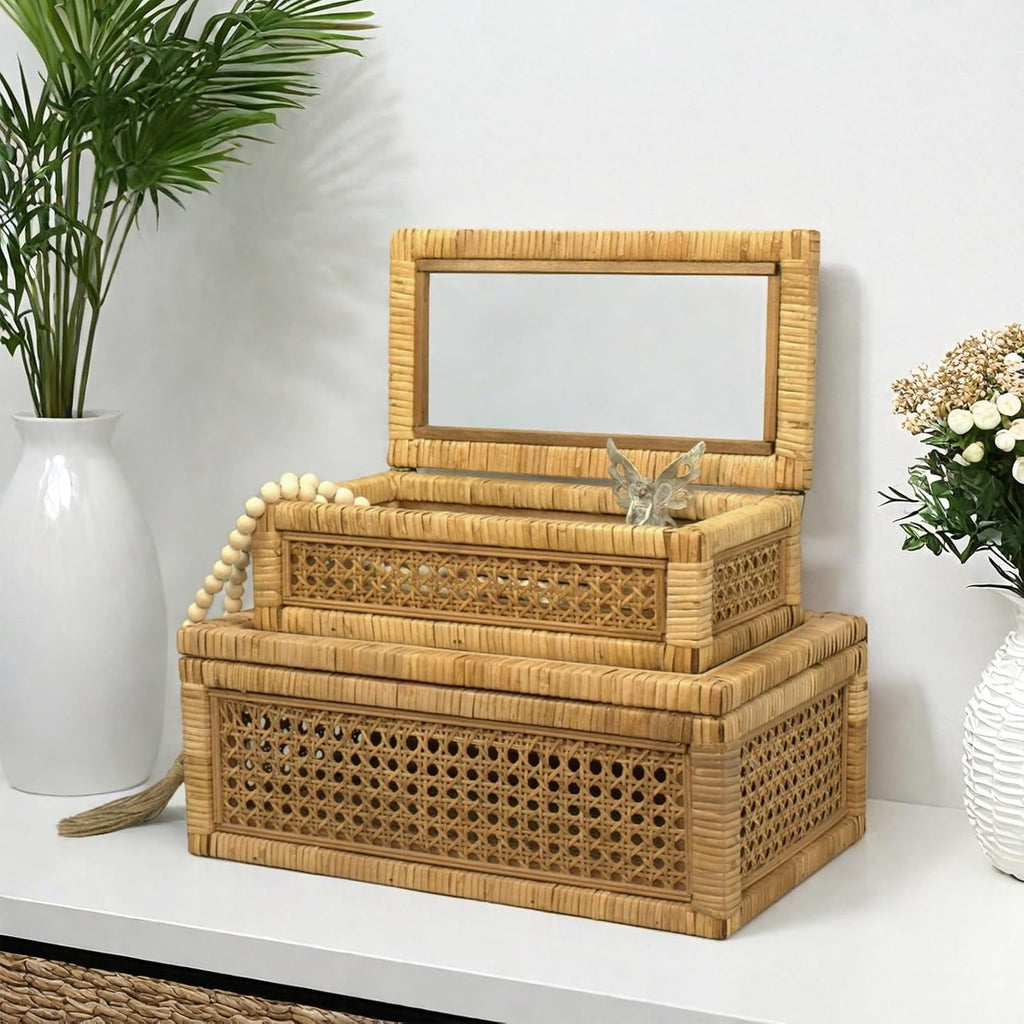 Glass Top Stackable Rattan Display Boxes
