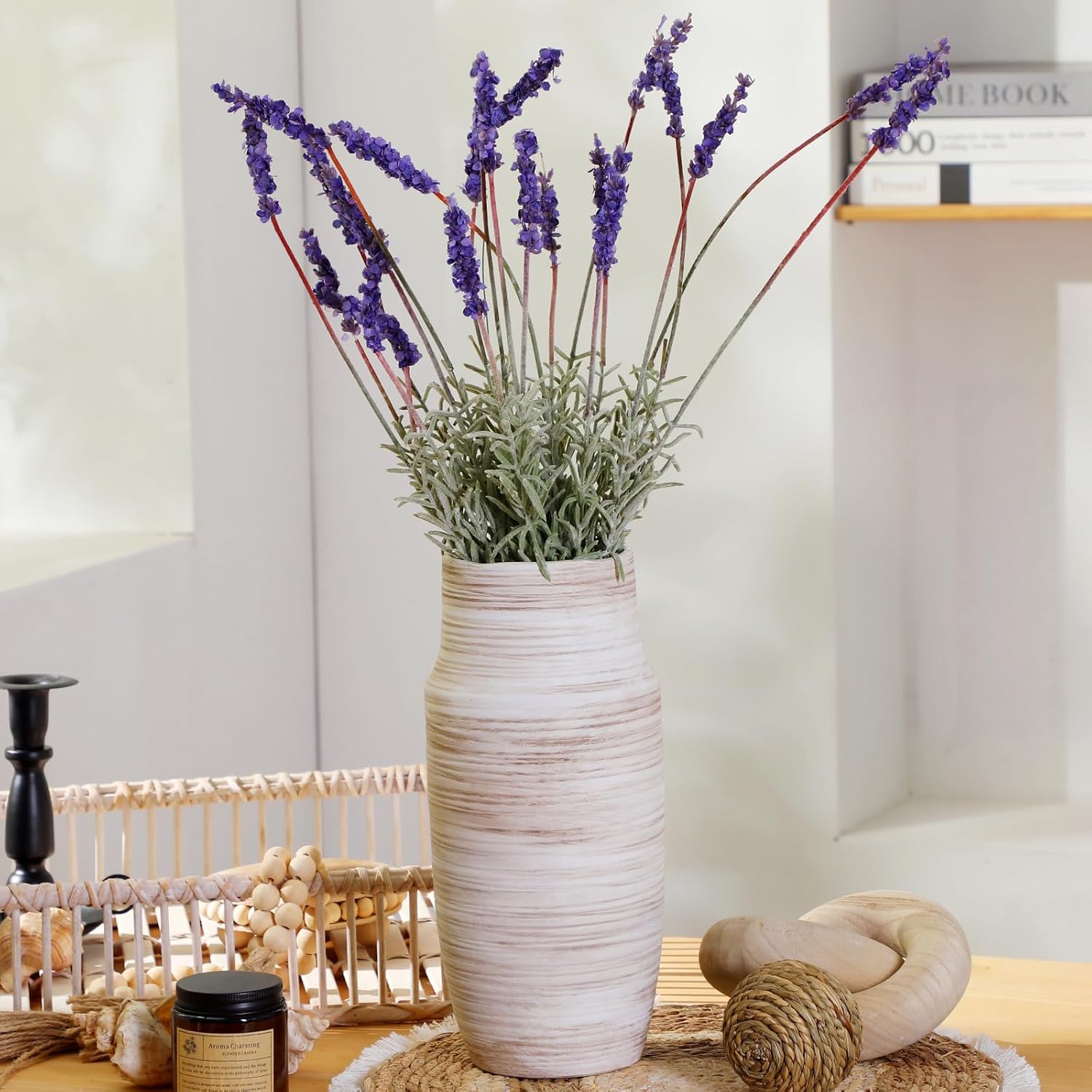 14 Inch Ribbed White Floor Ceramic Vase
