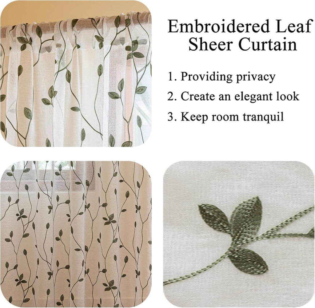 Embroidered Leaf Sheer Curtains 2 Panels