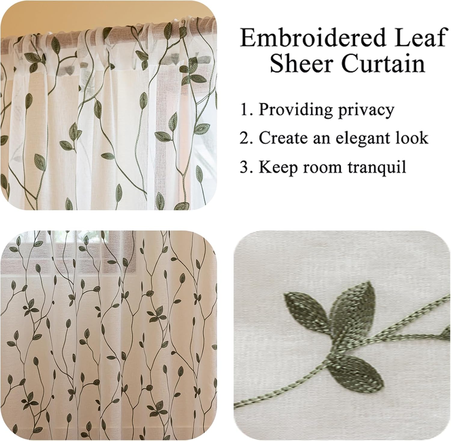 Embroidered Leaf Sheer Curtains 2 Panels