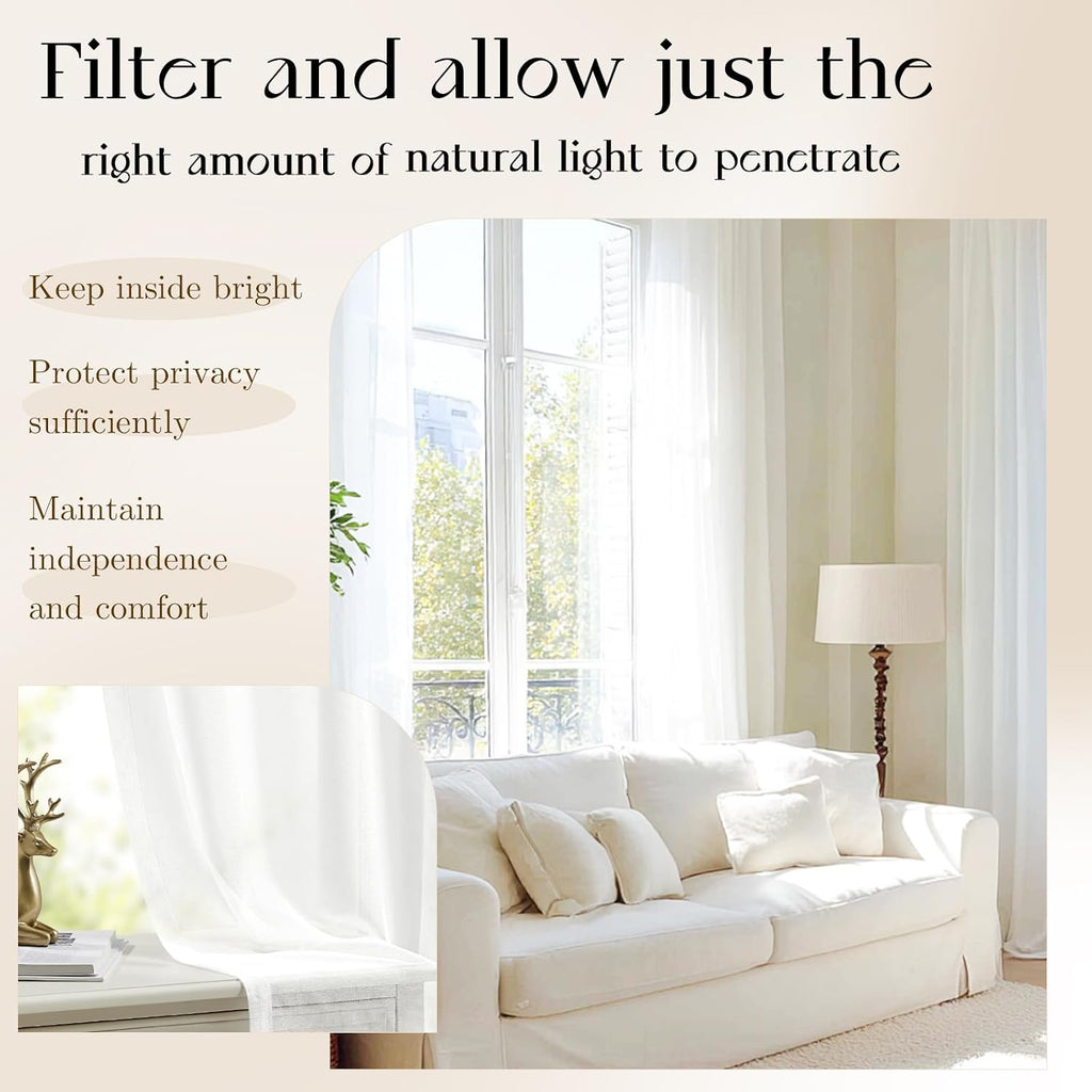 White Textured Sheer Curtains 2 Panels