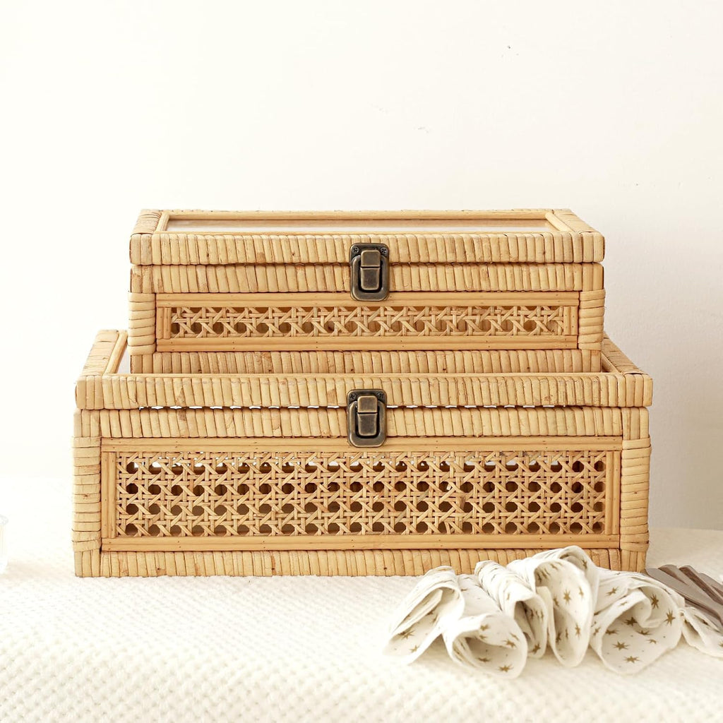 Glass Top Stackable Rattan Storage Boxes