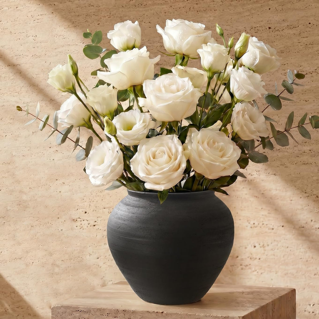 Matte Black Wabi-Sabi Ribbed Ceramic Vase