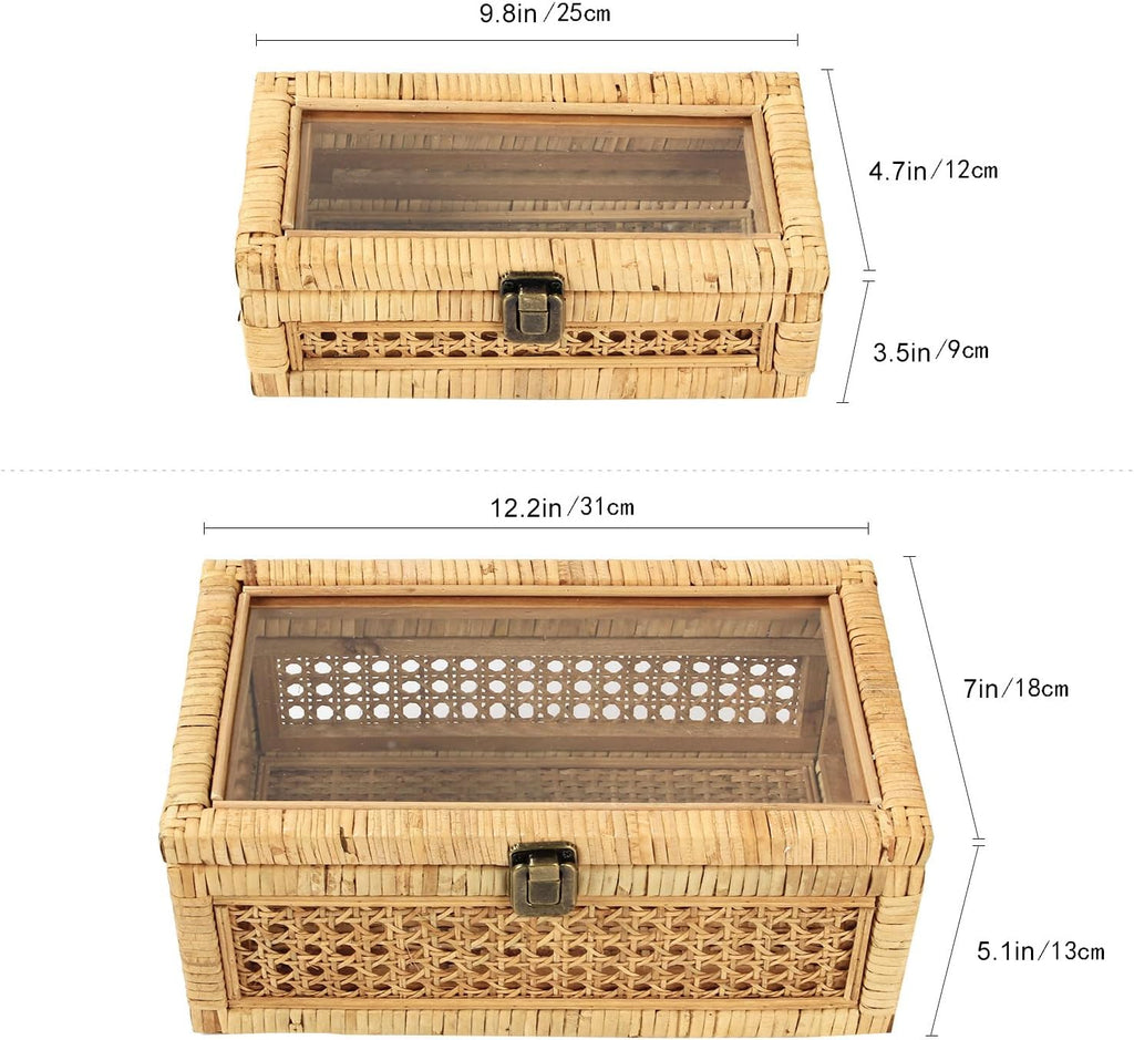 Glass Top Lidded Rattan Storage Boxes