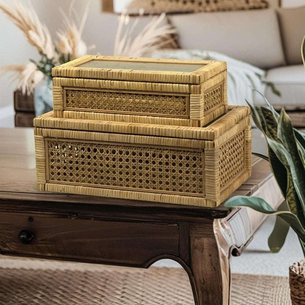 Glass Top Stackable Rattan Display Boxes