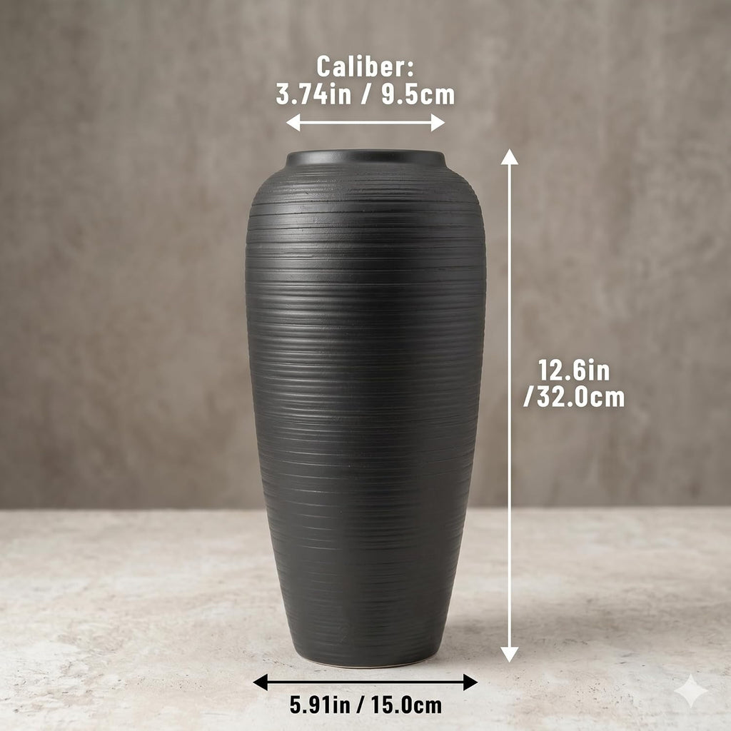 12.6 Inch Matte Black Ribbed Ceramic Vase