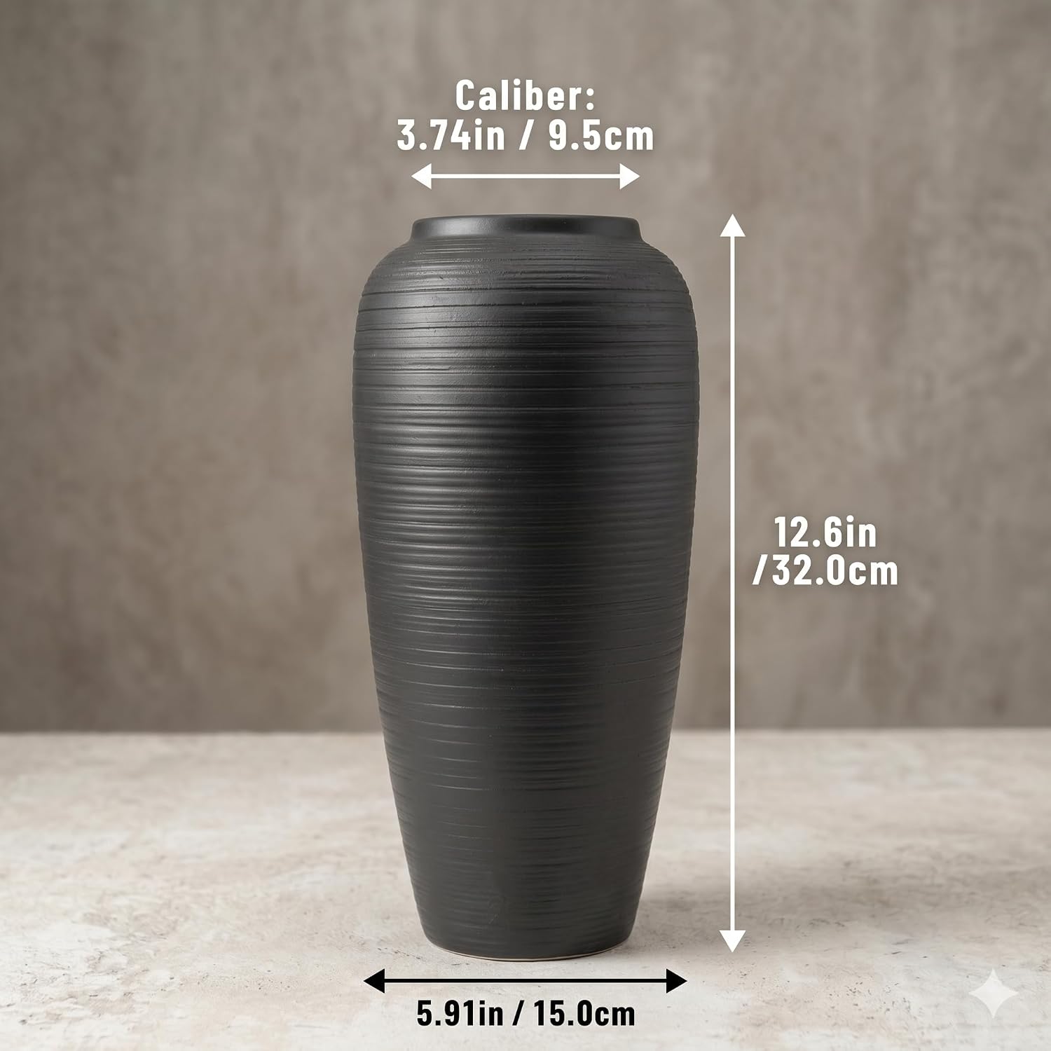 12.6 Inch Matte Black Ribbed Ceramic Vase