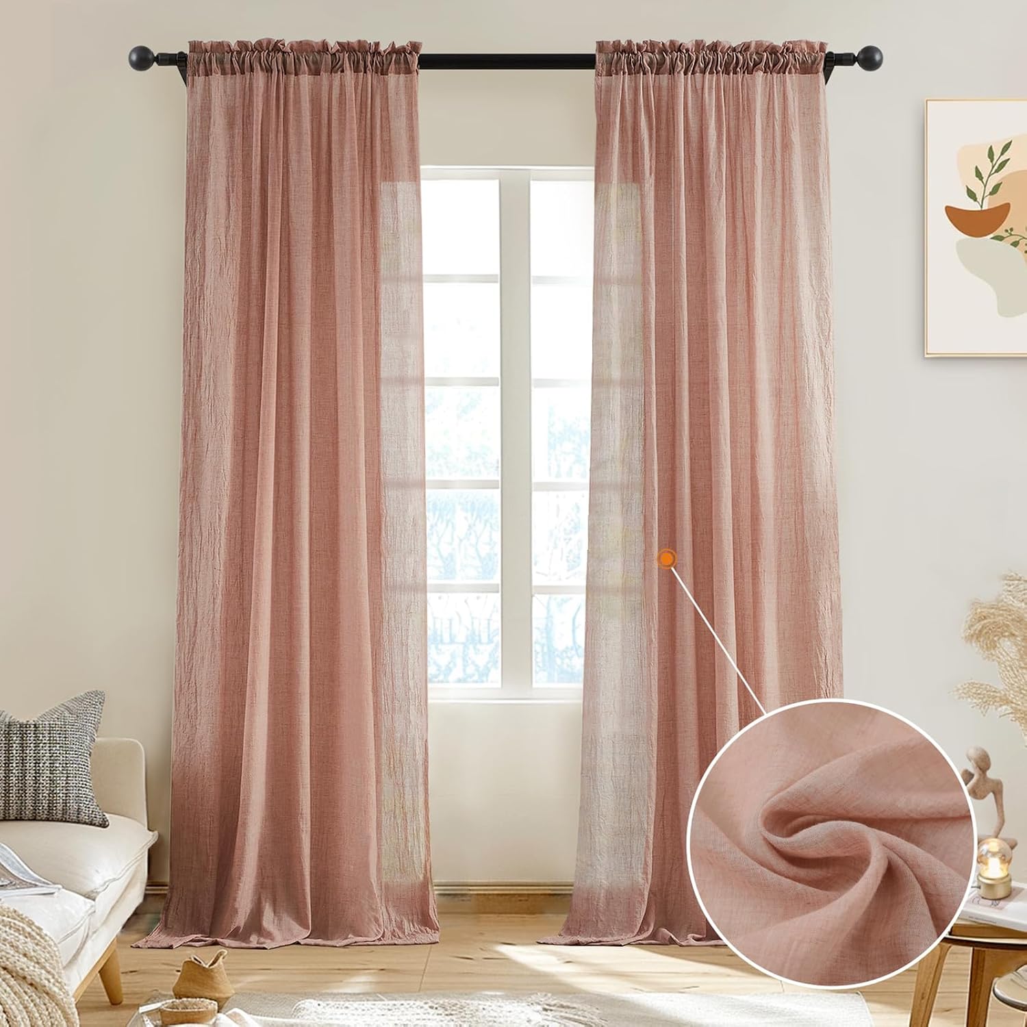 Blush Pink Linen Sheer Curtains 2 Panels