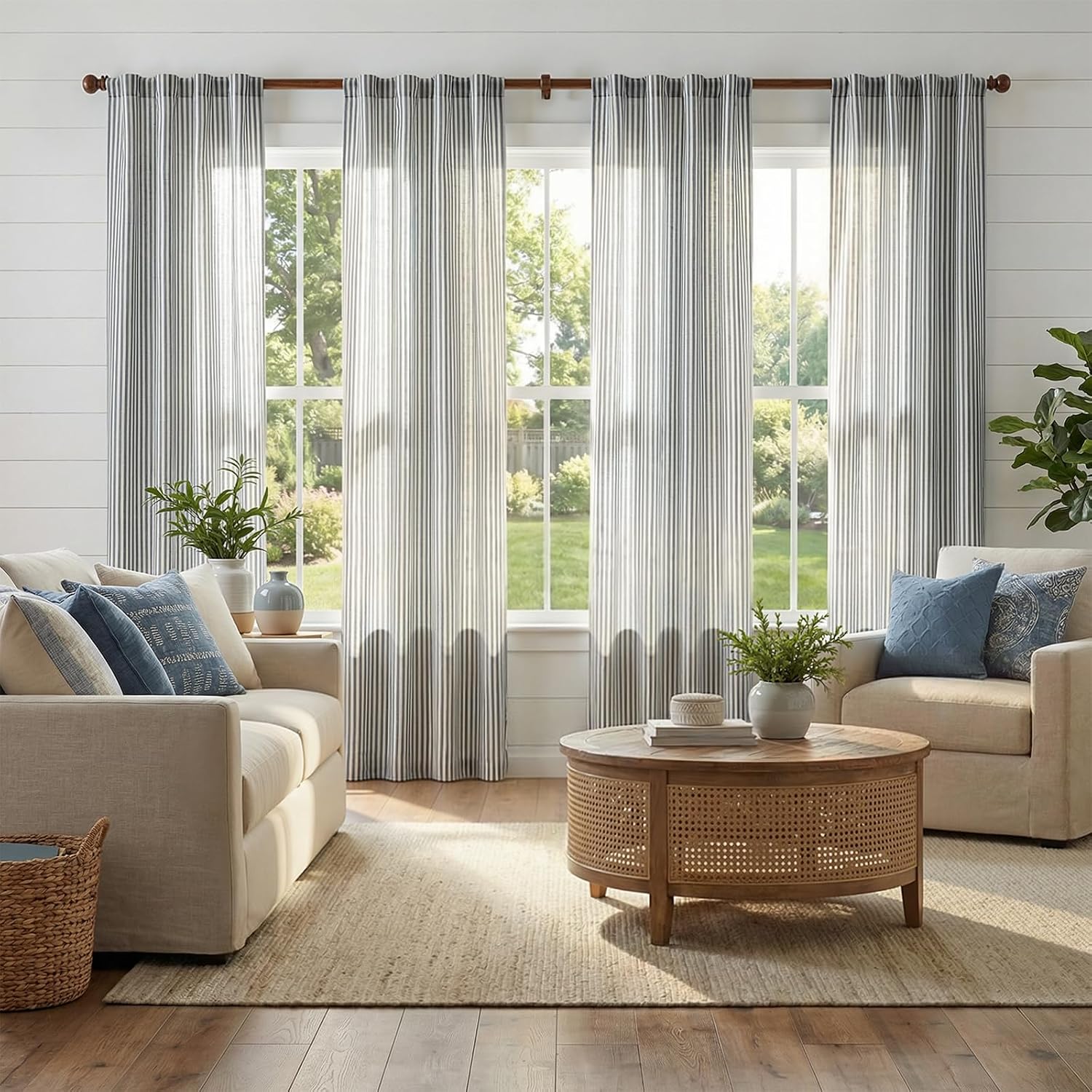 Beige Blue Stripe Linen Curtains 2 Panels