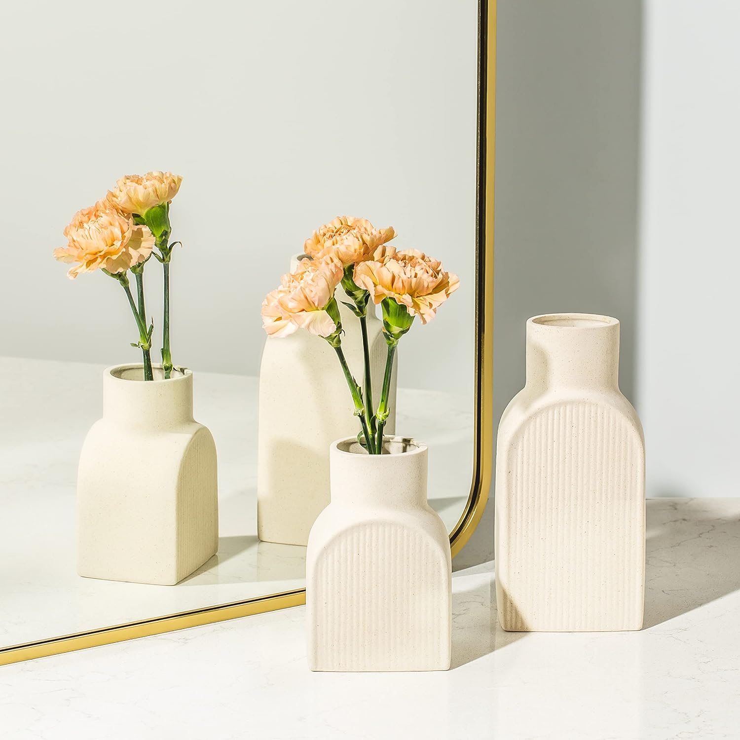 Cream Ribbed Ceramic Vase Set of 2