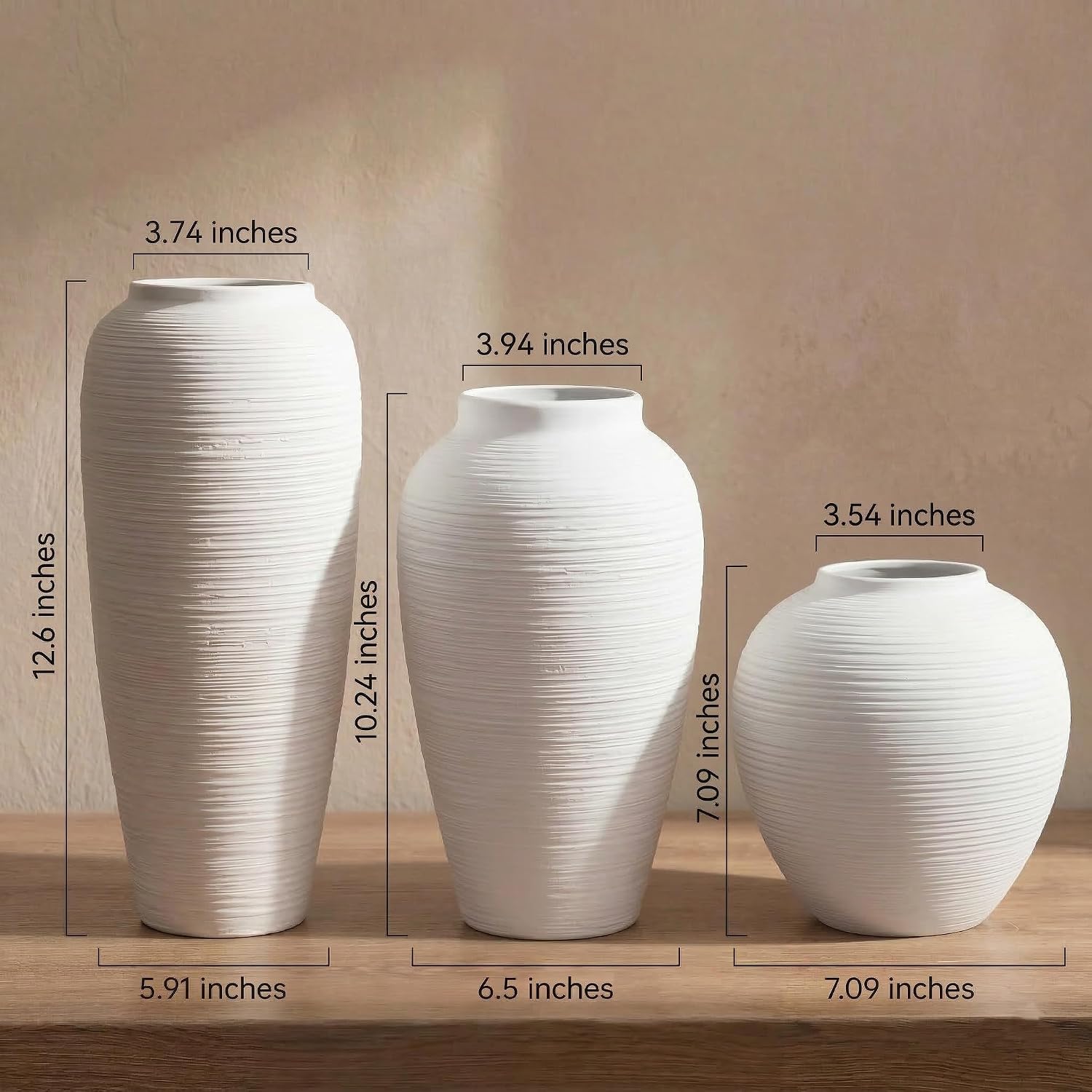 Ribbed White Ceramic Vase Set of 3