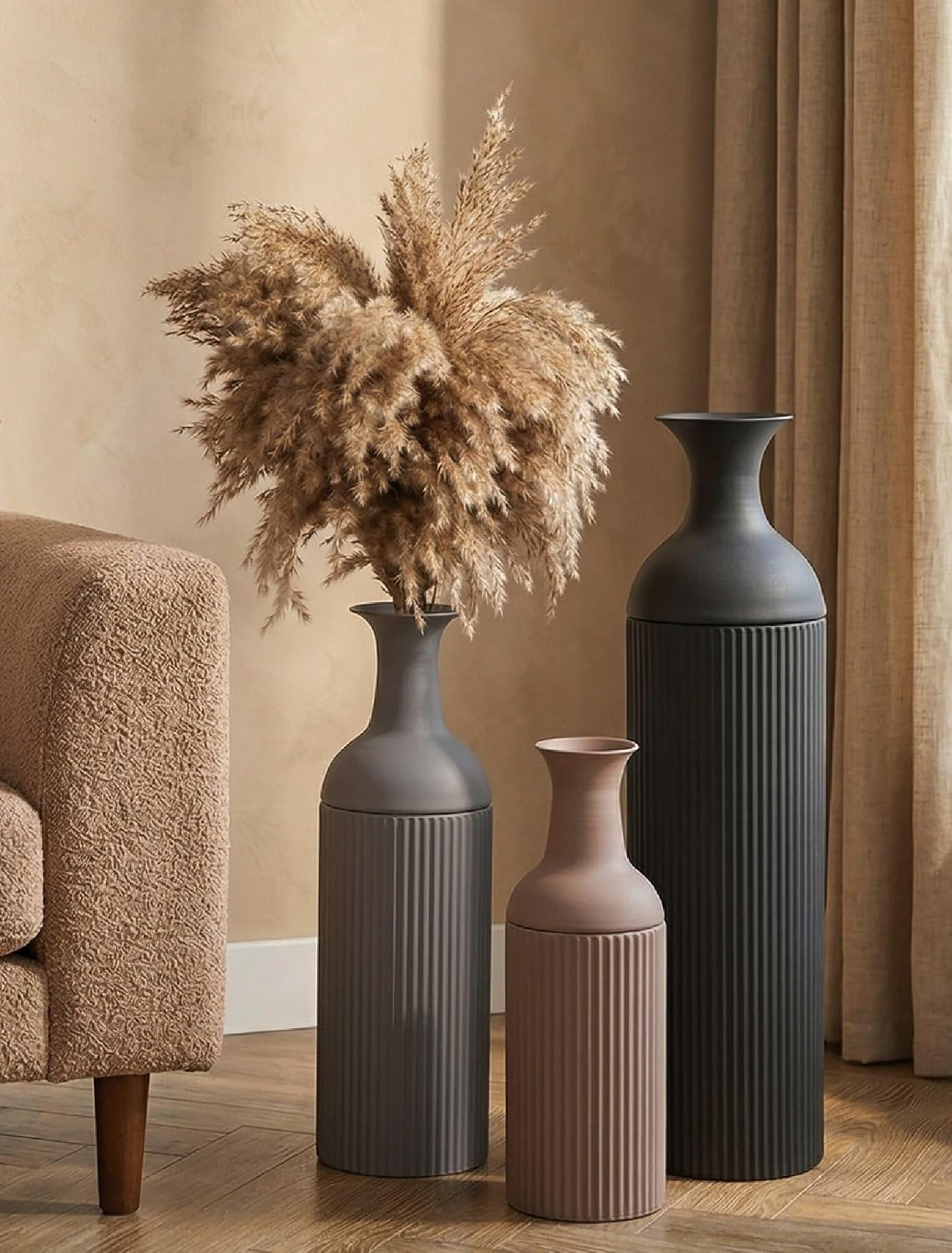 Tricolor Ribbed Tall Metal Floor Vase