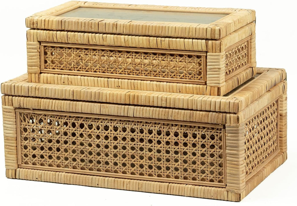 Glass Top Stackable Rattan Display Boxes