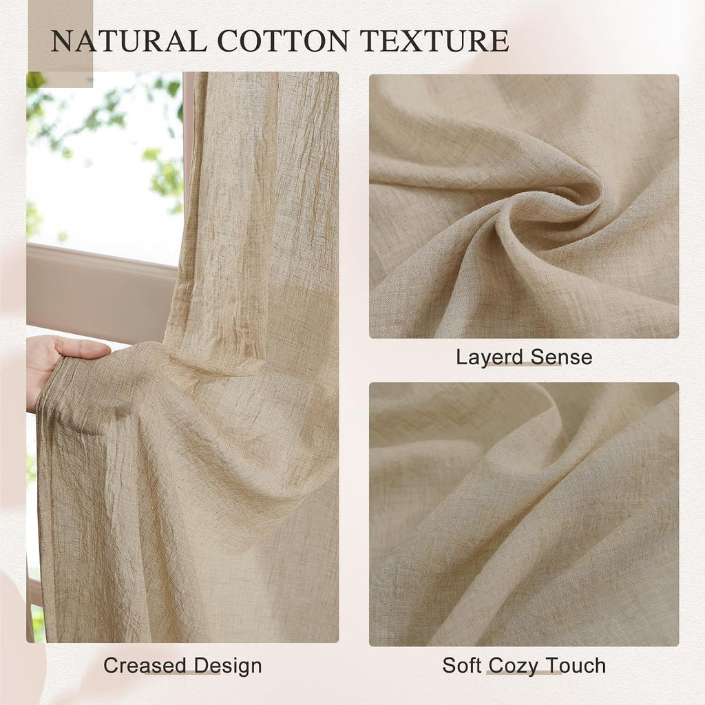 Tan Linen Textured Sheer Curtains 2 Panels