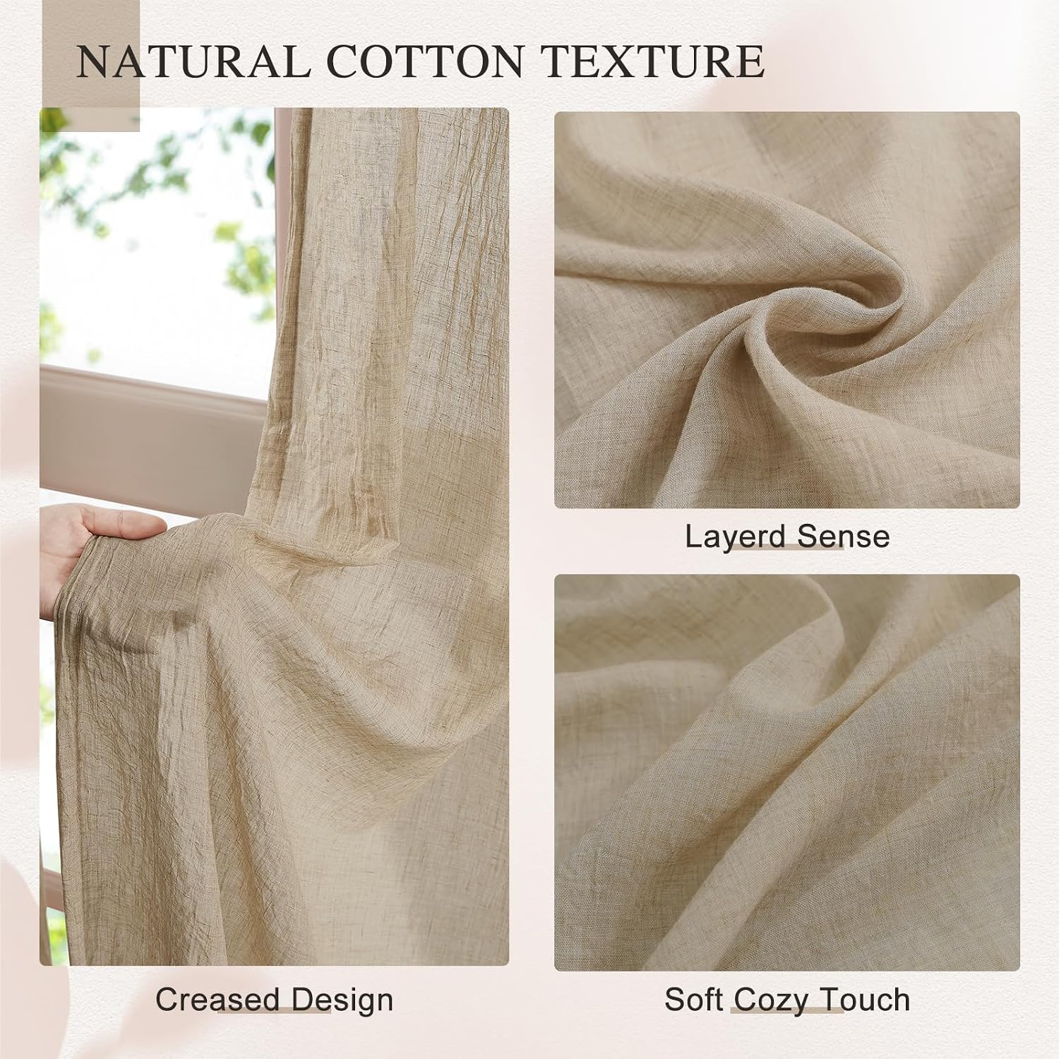 Tan Linen Textured Sheer Curtains 2 Panels