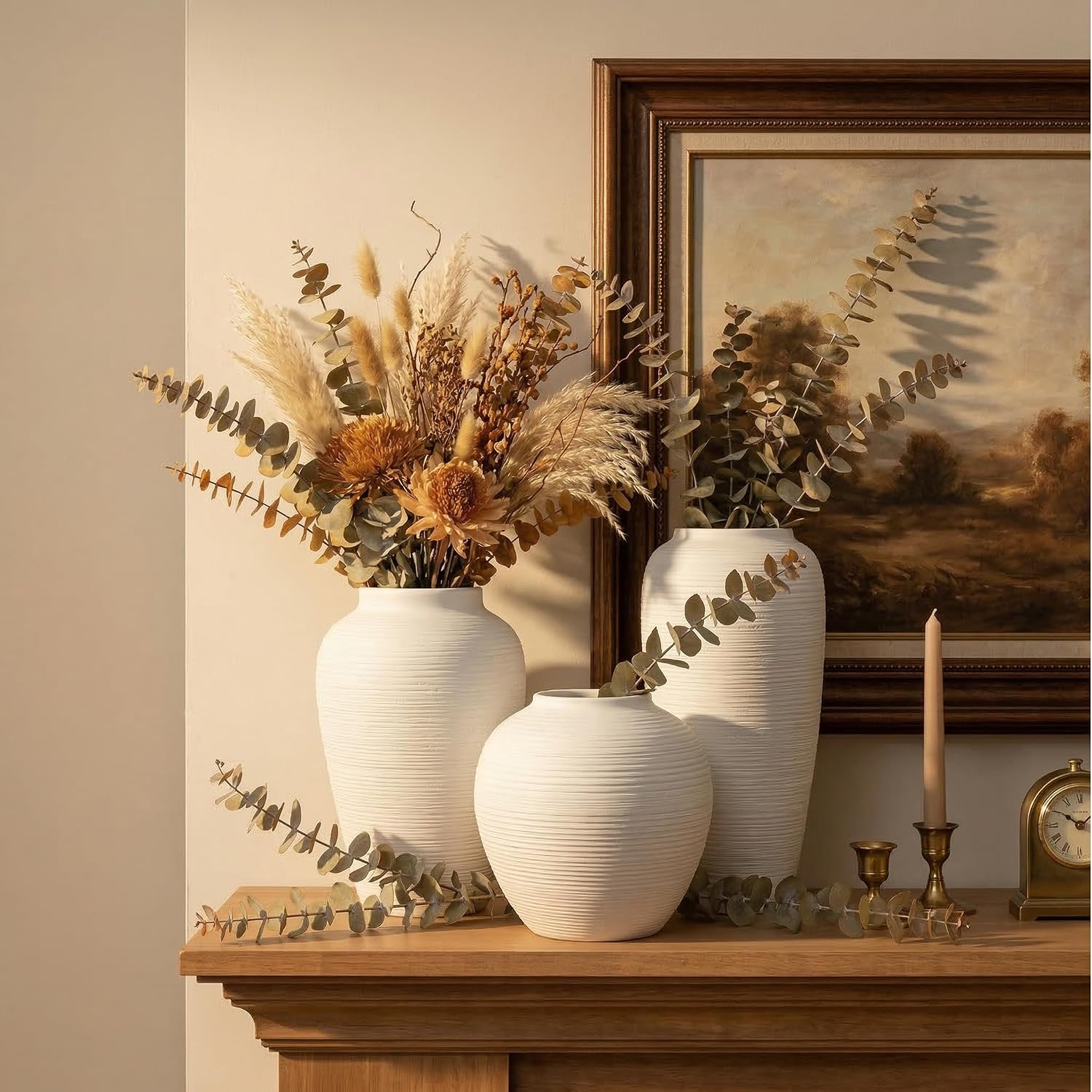 Ribbed White Ceramic Vase Set of 3