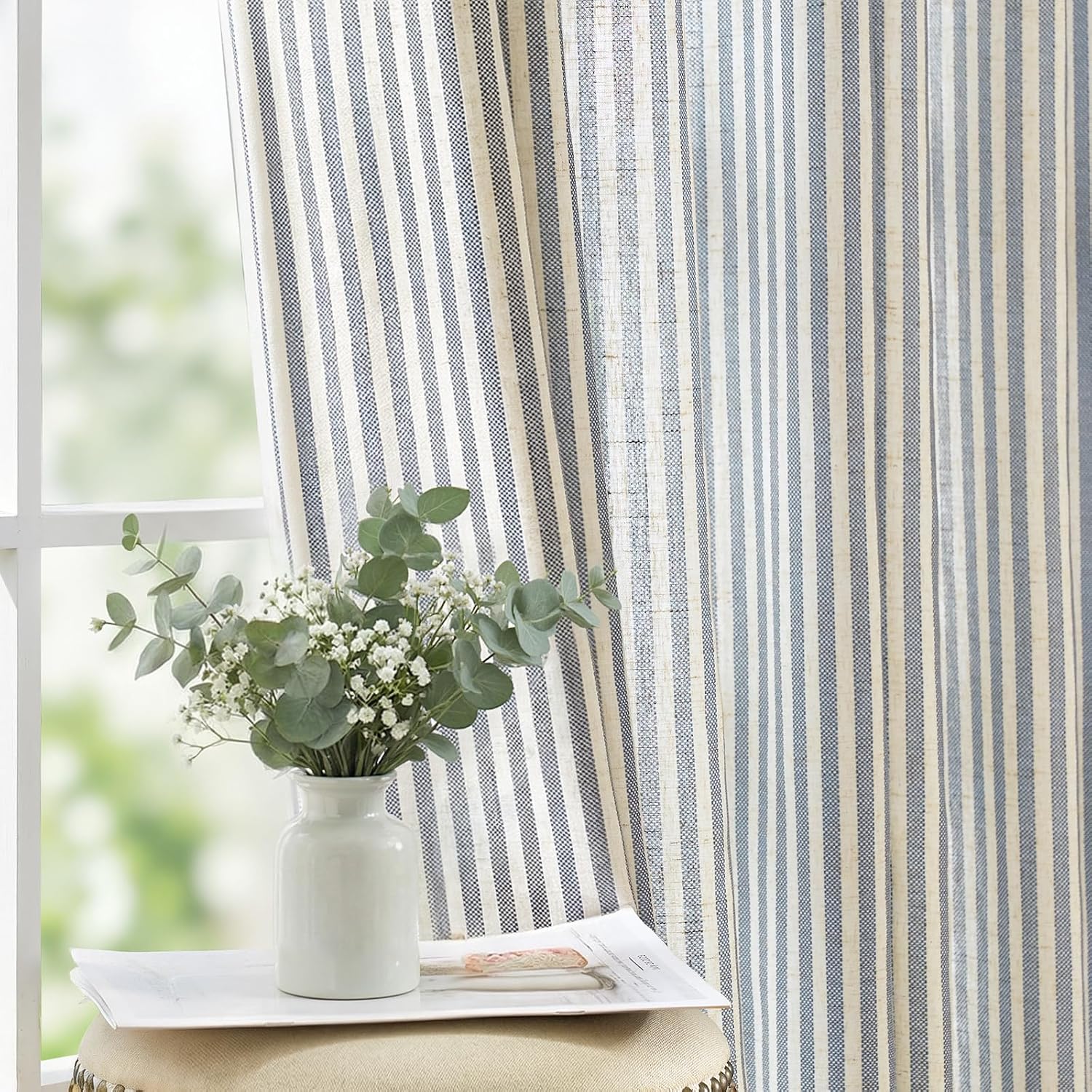 Beige Blue Stripe Linen Curtains 2 Panels