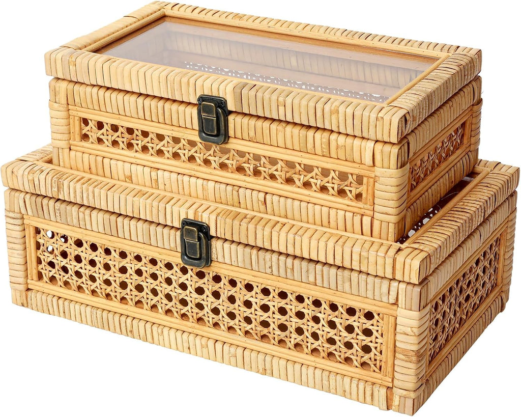 Glass Top Stackable Rattan Storage Boxes