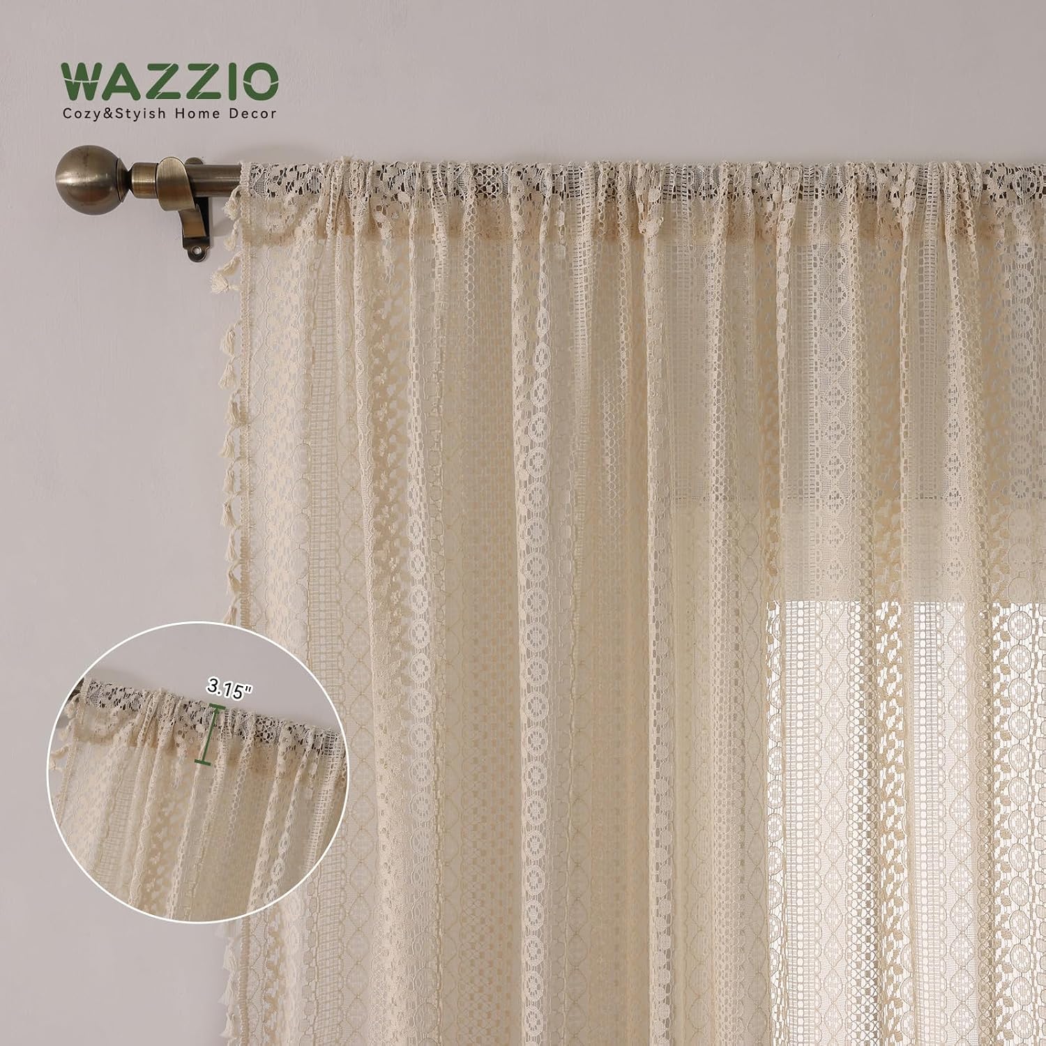 Beige Boho Lace Curtains 2 Panels