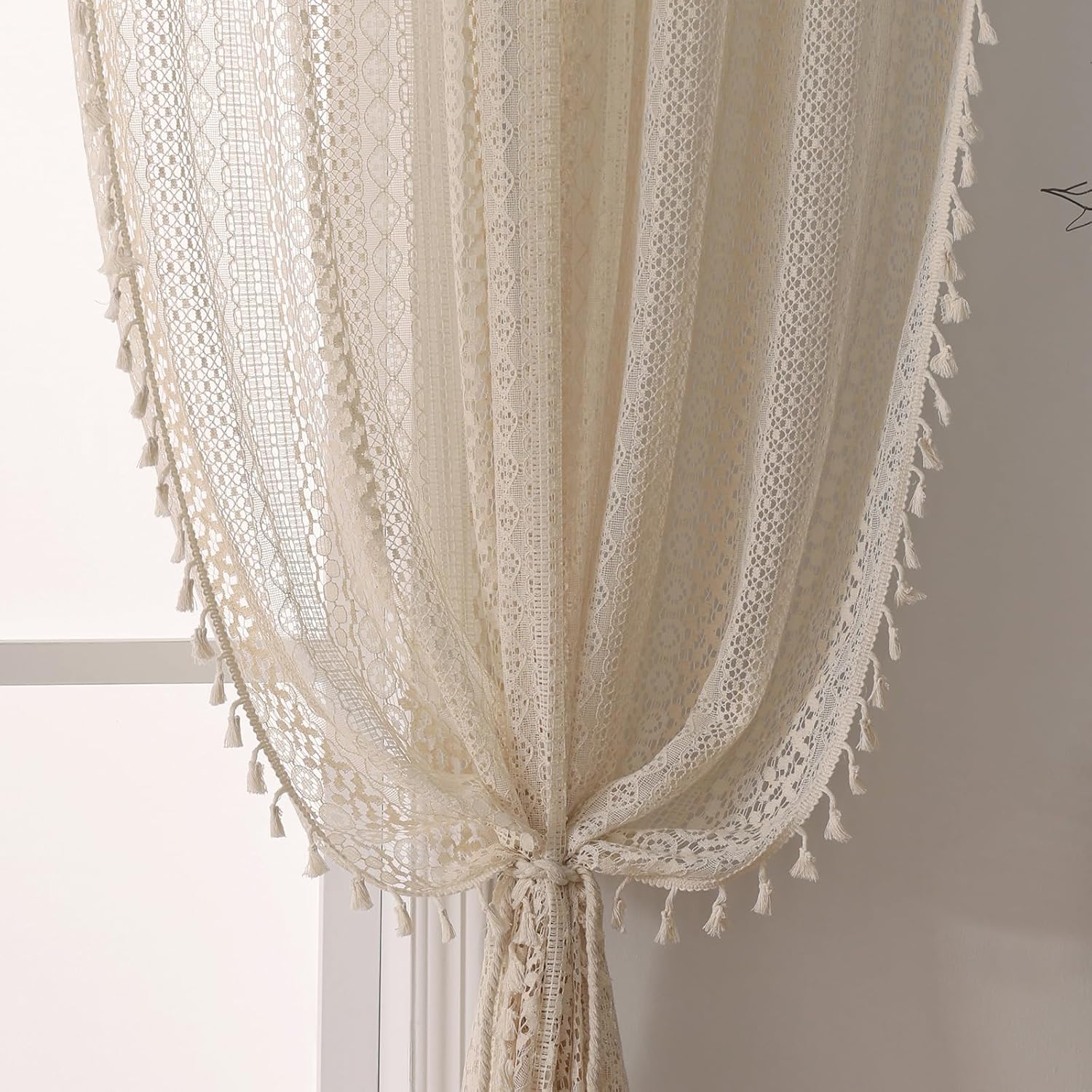 Beige Boho Lace Curtains 2 Panels
