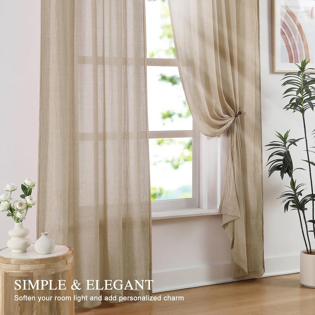 Tan Linen Textured Sheer Curtains 2 Panels