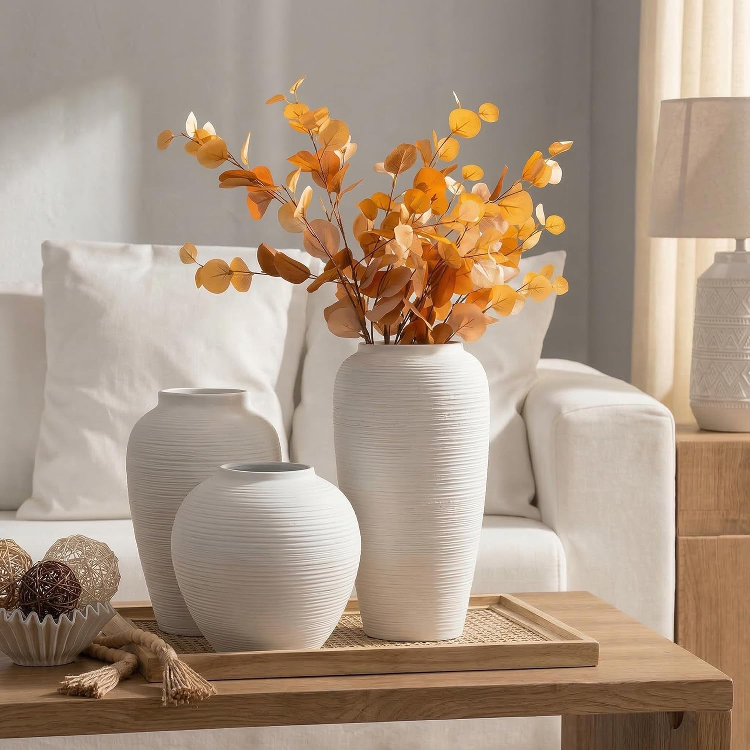 Ribbed White Ceramic Vase Set of 3