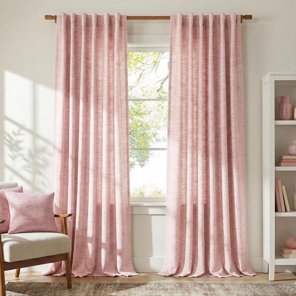 Pink Faux Linen Sheer Curtains 2 Panels